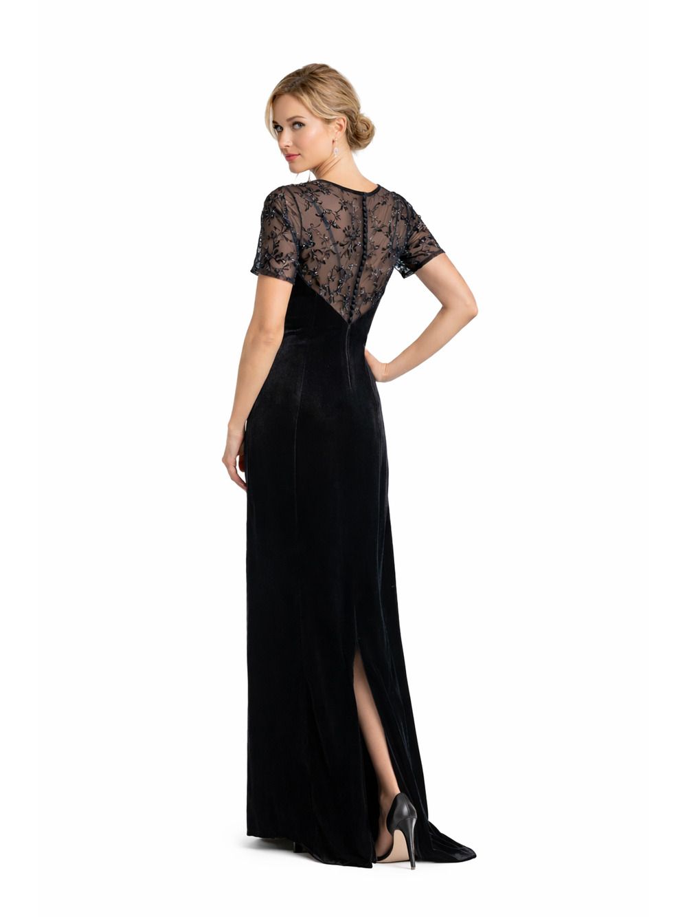 Vintage 90s Donna Morgan Velvet Maxi Dress Womens 12 Illusion Lace Evening Gown